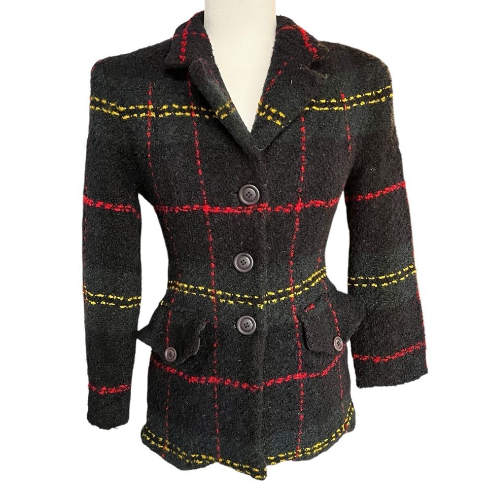 Vintage Finity Studio Boiled Wool Plaid Blazer Jacket Navy Red Academia Womens 4